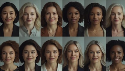 Fototapeta premium Faces of empowerment : A diverse group of women, each with unique features and expressions, symbolize strength, empowerment, and unity.