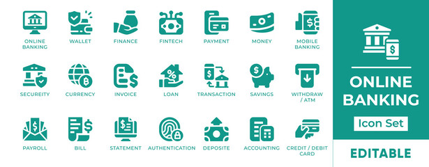 Online Banking Icon Set. Features icons of mobile banking, transactions, accounts, digital payments, and security. Perfect for fintech apps, banks, and finance tools.