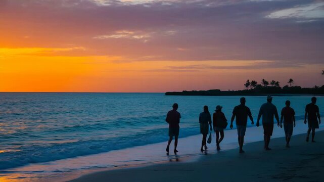 Sunset beach walk silhouette group