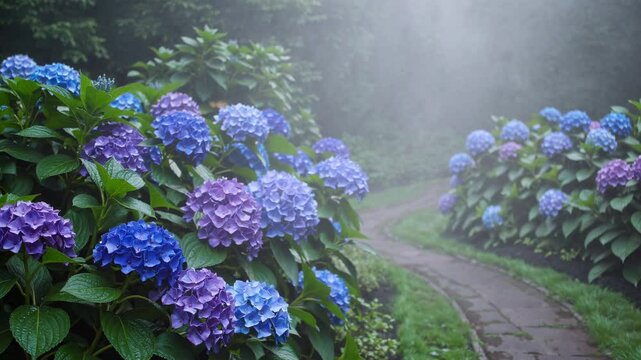 A serene garden path lined with vibrant hydrangeas, captured from a low angle. Mist adds a dreamy effect, perfect for a tranquil nature video. Live desktop wallpaper.