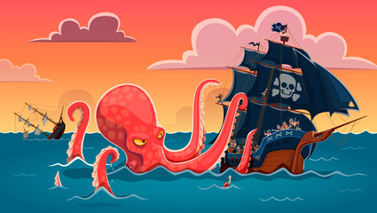 Big kraken octopus wreck the pirate ship vector background. Scary sea monster or giant kraken octopus animal cartoon character attacking corsair sailboat with huge tentacles. Pirate adventure game © Vector Tradition