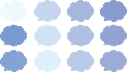 水色１２色の吹き出しセット。雲のか阿智をしたもこもこのふきだし。フキダシの内側は白い破線がある。
