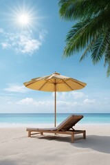 Obraz premium Serene tropical beach with sun-lounger and umbrella under clear blue sky