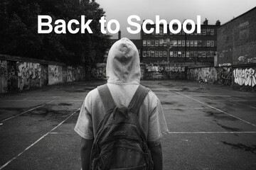 Teenager in hoodie with backpack standing in empty urban schoolyard with back to school text. Copy space