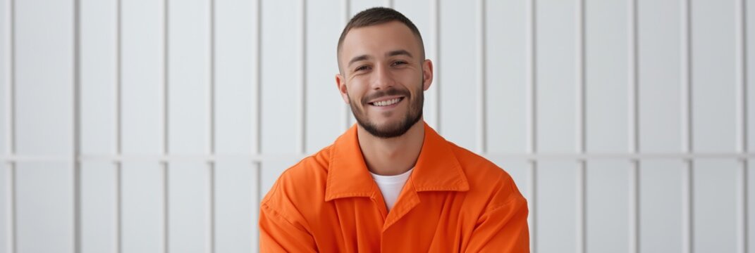 Young caucasian adult male in orange jumpsuit smiling against light background