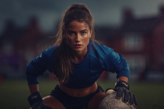 Female football goalkeeper in blue top holding ball with power - Powered by Adobe