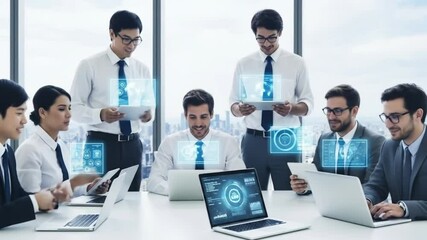 Group of professionals working on laptops and tablets with futuristic interface overlays in a bright office - Powered by Adobe