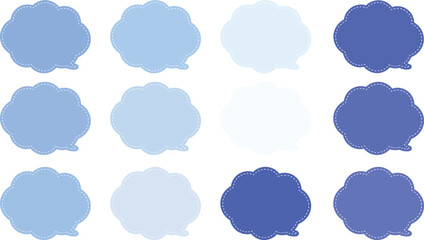 水色１２色の吹き出しセット。雲のか阿智をしたもこもこのふきだし。フキダシの内側は白い破線がある。
