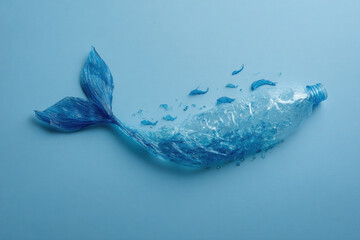 Plastic bottle creatively shaped like a fish to highlight ocean pollution and environmental impact of plastic waste. Copy space
