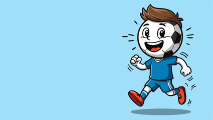 Illustrated soccer ball character with a joyful expression, running in a blue uniform.