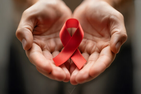 healthcare and medicine concept female hands holding red aids awareness ribbon concepto de sanidad y medicina manos femeninas sosteniendo un lazo rojo de concienciaci&oacute;n sobre el sida