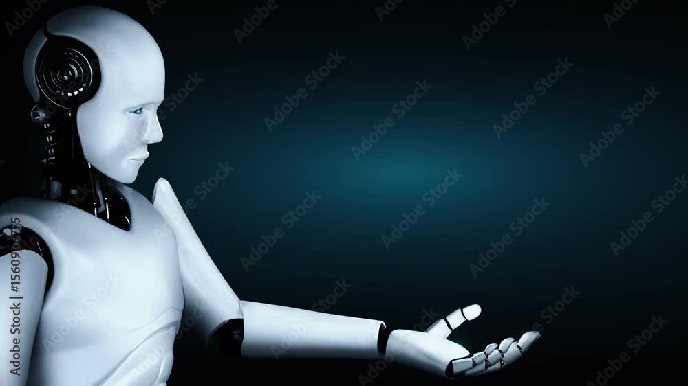 Poster ai hominoid robot holding hologram screen shows concept of global communication network using artifi