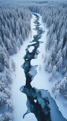 Lapland Finland Snow-Covered Forests with Frozen Rivers Weaving Through the Landscape