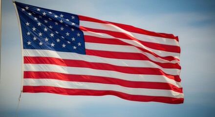 Obraz premium United States Flag Waving on a Pole Against a Light Blue Sky