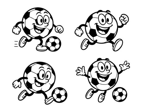 Four cartoon soccer balls with arms, legs, and faces, each in a different pose.