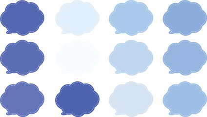 紫や青が入った１２色の雲の形をしたふきだしセット。吹き出しの内側は白い破線で囲まれている。