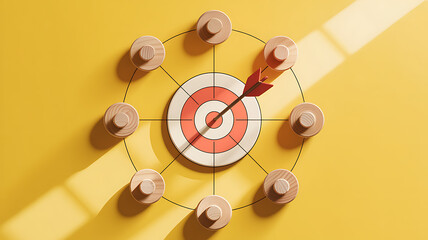 Arrow hitting the bullseye of a target surrounded by wooden figures on yellow background