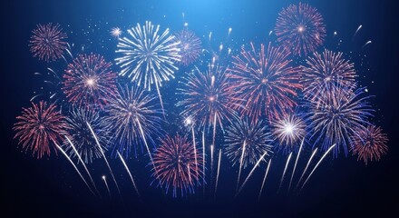 Wide Panoramic View of Red, White, and Blue Fireworks Display