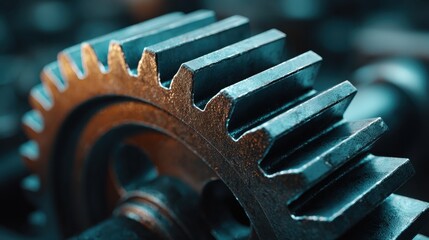 Mechanical Harmony: Close-up of a cogwheel, each tooth precisely formed and gleaming. A symphony of engineering detail with intricate design of industrial prowess.