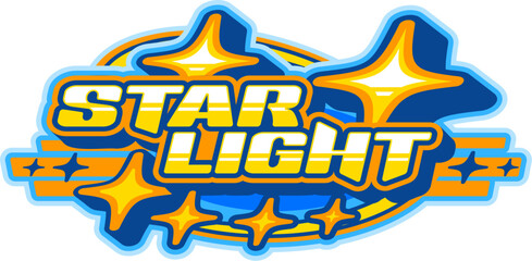 Star light retro Y2K element or icon. Funky cool vector patch or icon, label or sign. 2000s sticker or emblem, vintage nostalgic Y2K element or symbol with glowing stars and golden typography text