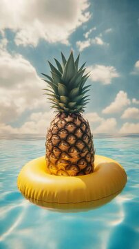 Tropical pineapple on a yellow float in serene ocean waters, surreal concept