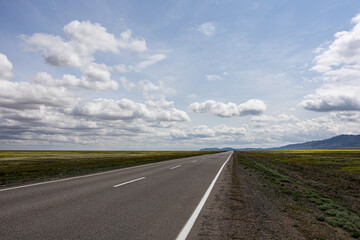 An empty road through the Kazakh steppe in spring