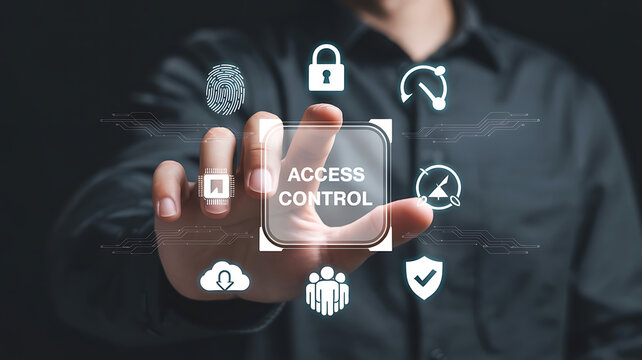 Man in dark shirt touching access control display with icons around the interface box