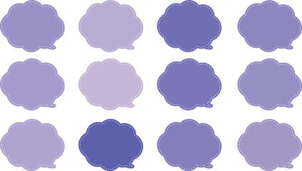 紫や青が入った１２色の雲の形をしたふきだしセット。吹き出しの内側は白い破線で囲まれている。
