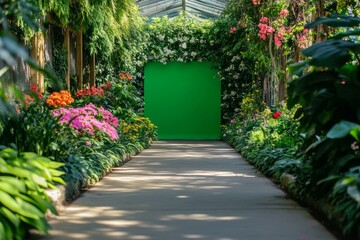Fototapeta premium Green screen pathway in lush park setting for creative banner or mockup use