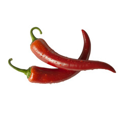 Two red chili peppers with water droplets isolated on a transparent background hot peppers