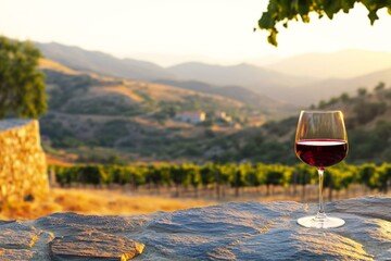  Scenic Cyprus vineyard with glass of red wine, luxury tasting experience amidst picturesque rolling hills