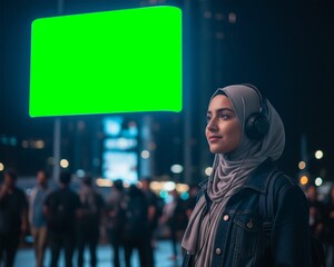 Modern Hijab Woman Listening to Music Under Giant Green Screen Billboard at Night