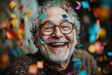 Joyful Senior Man Celebrates with Confetti