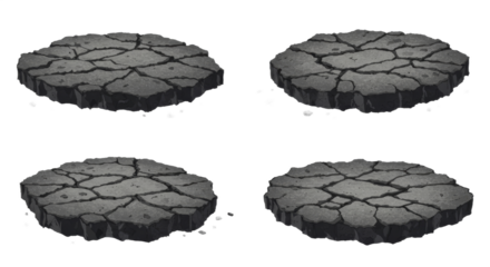 Artistic representation of cracked ground platforms against a white backdrop