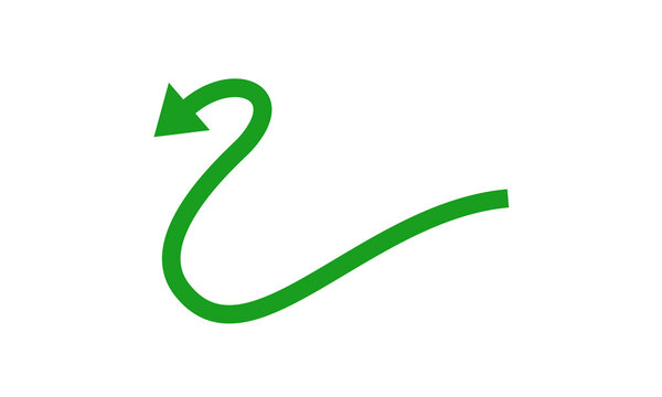 Green Curved Arrow Pointer Icon from Right to Left Pointing Down. Transparent Abstract Arrow Symbol PNG. Unique Minimalist Directional Element for UI/UX, Infographics, and Web Design.