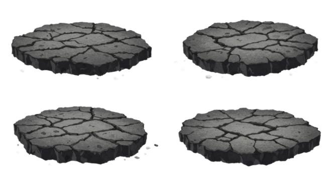 Artistic representation of cracked ground platforms against a white backdrop