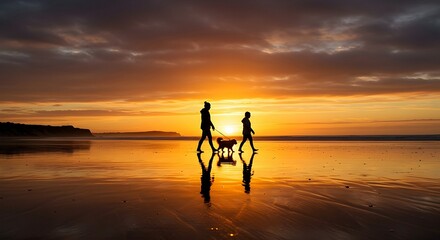 Walking Dog on Beach at Sunset with Reflections