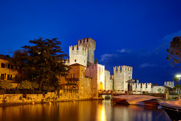 The scaliger castle of Sirmione, on the Garda lake, at blue hour, Sirmione, Italy