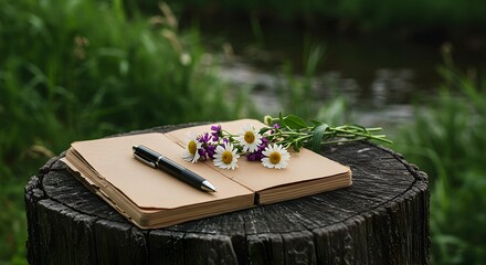 Writing in Nature Open Notebook with Flowers and Pen on Wood