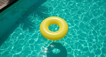 Yellow Swim Ring Floating on Sparkling Pool Water