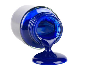 A blue ink bottle with a spill, isolated on a white background, suitable for themes of writing, art, or accidental creativity.