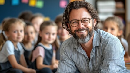 Obraz premium Teacher with preschool students in classroom