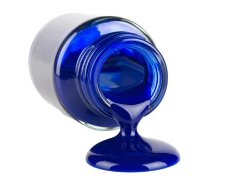A blue ink bottle with a spill, isolated on a white background, suitable for themes of writing, art, or accidental creativity.