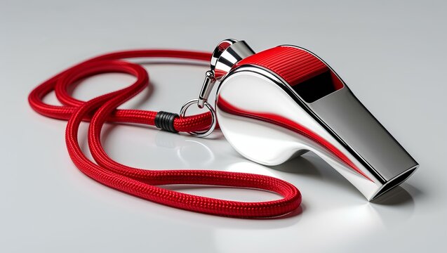 A close-up of a silver whistle with a red lanyard - Powered by Adobe