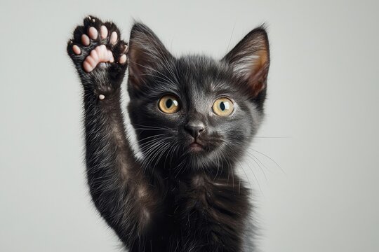 Adorable Black Kitten Raising Paw - Cute Cat Photo