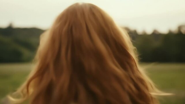 Young woman with long hair standing in a field during sunset  
