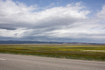 Spring steppe landscape in Kazakhstan with a road and mountains under dramatic cloudy sky