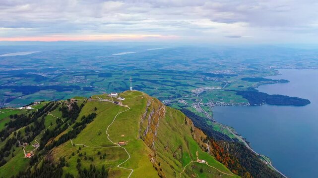 Aerial view over Mount Rigi and lake Zug. Arth, Switzerland.