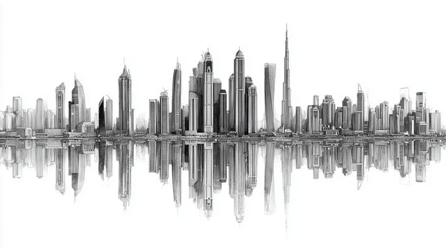 Dubai city skyline, detailed pencil sketch, architectural rendering, cross-hatching, sharp lines, monochrome, white background, high contrast, fine art
