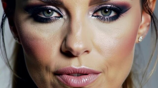 The best years of a woman: video portrait of a very beautiful mature woman with matte skin and a sweet, reserved smile on a dark monochrome background